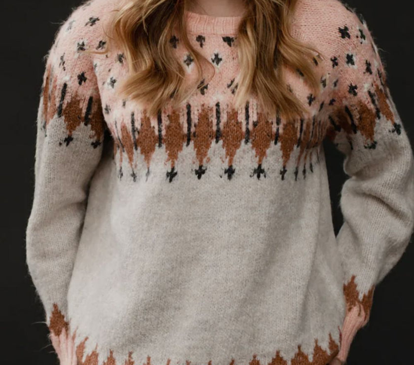 Geometric Contrast Round Neck Long Sleeve Sweater
