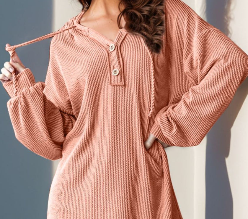 Double Take Full Size Half Button Long Sleeve Hoodie