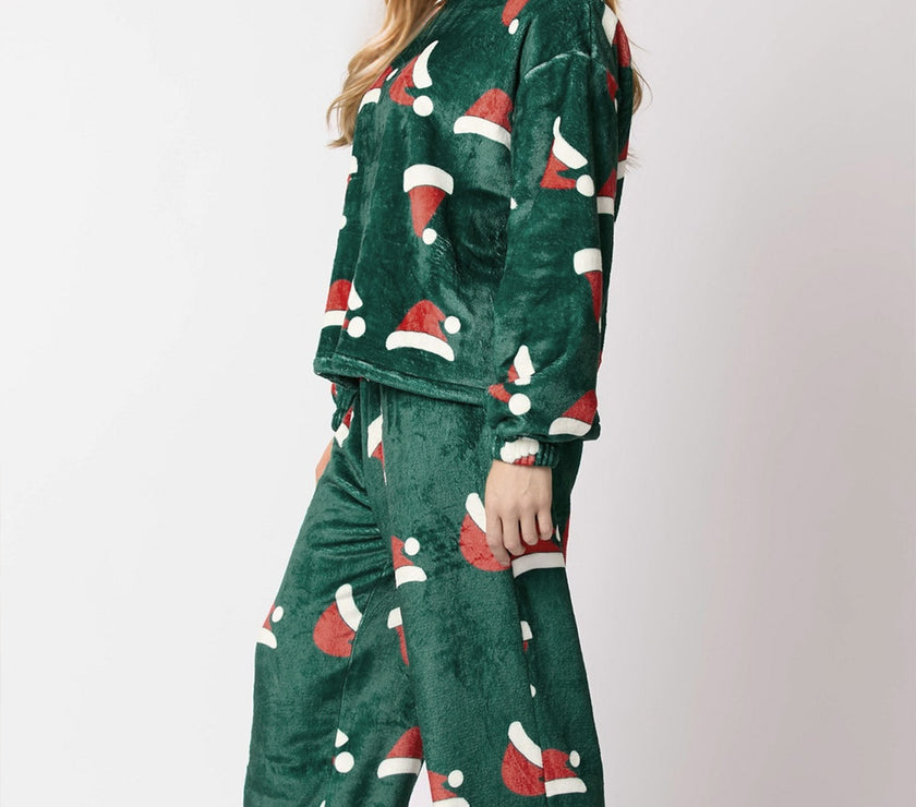 Christmas Hat Pattern Round Neck Long Sleeve Top and Pants Set