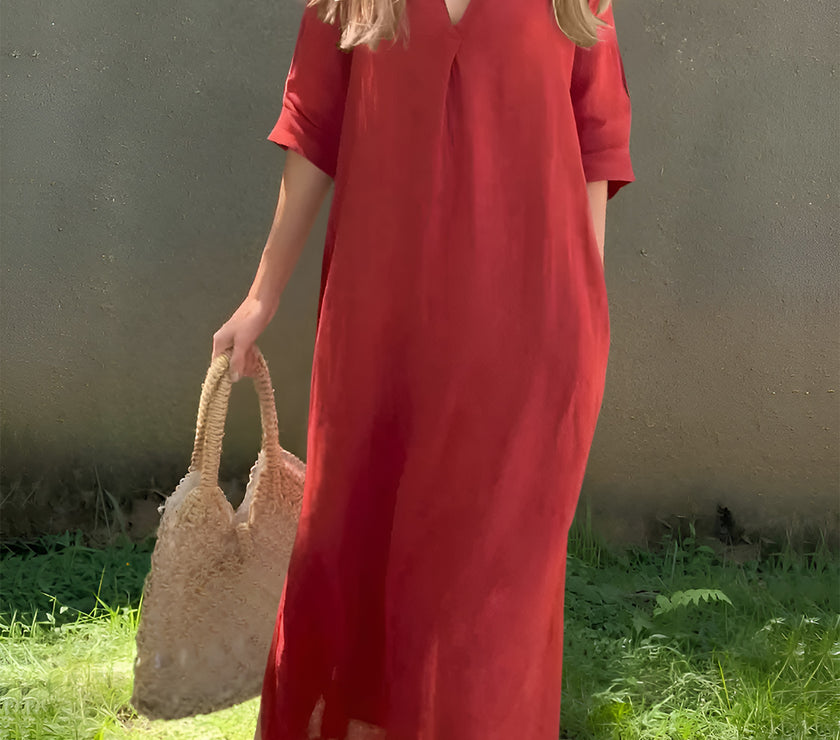 Full Size Notched Half Sleeve Midi Dress