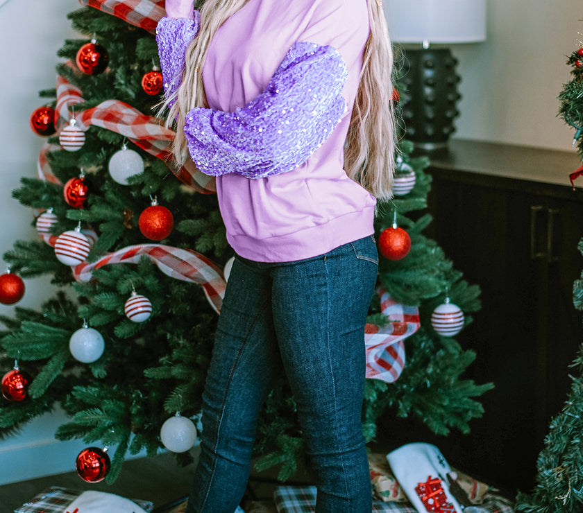 Orchid Petal Sequin Patchwork Long Sleeve Pullover Top