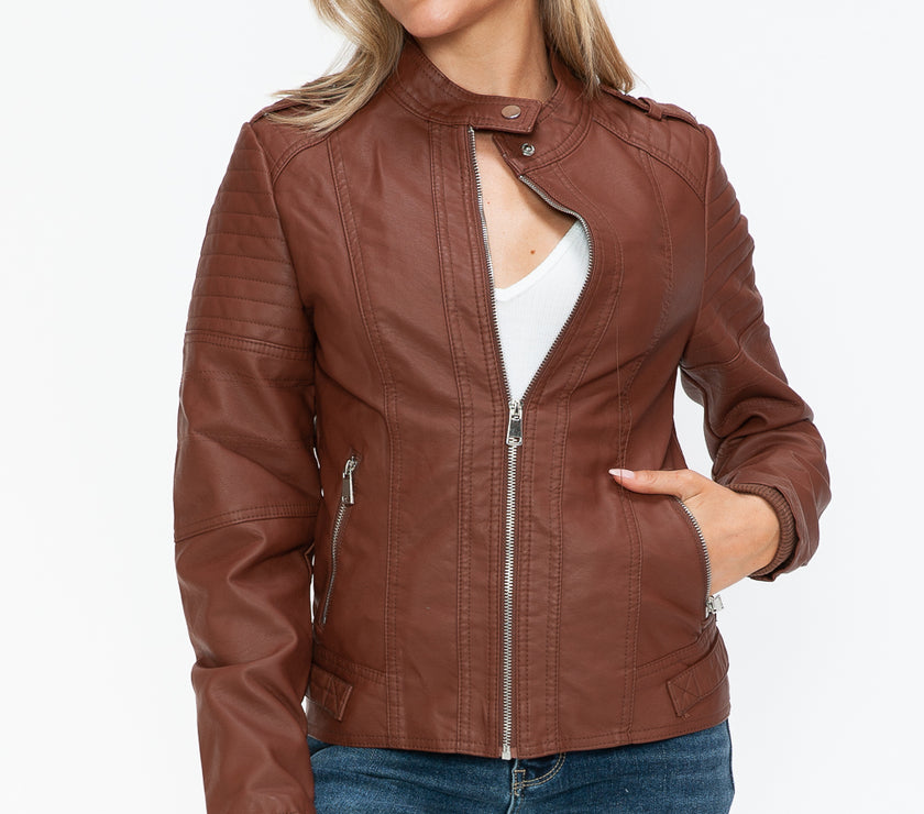 Snobbish PU Leather Biker Jacket with Side Zip Pockets