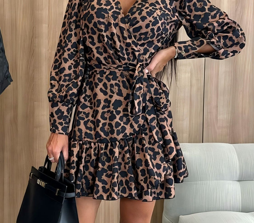 Tied Leopard Surplice Long Sleeve Dress