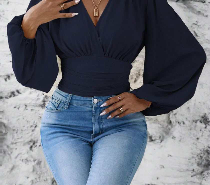 Smocked Surplice Balloon Sleeve Top