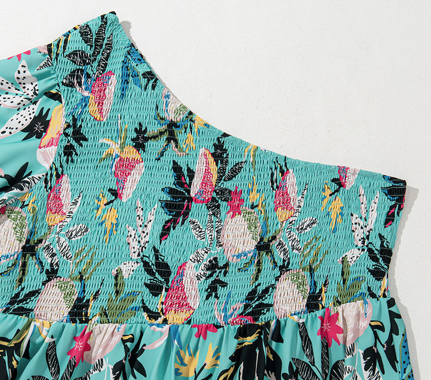 Green Plus Size Floral Smocked Bodice Single Puff Short Sleeve Babydoll Blouse