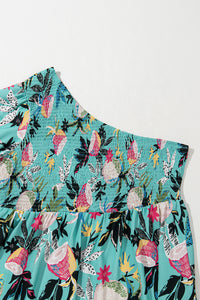 Green Plus Size Floral Smocked Bodice Single Puff Short Sleeve Babydoll Blouse