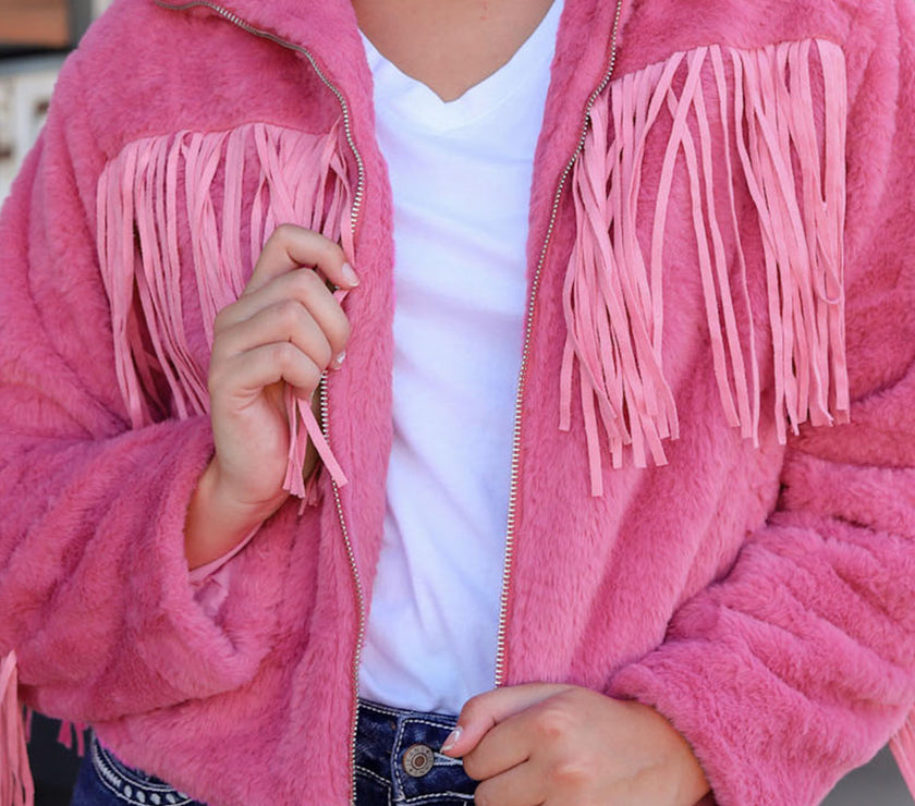 Fringed Zip Up Fleece Jacket