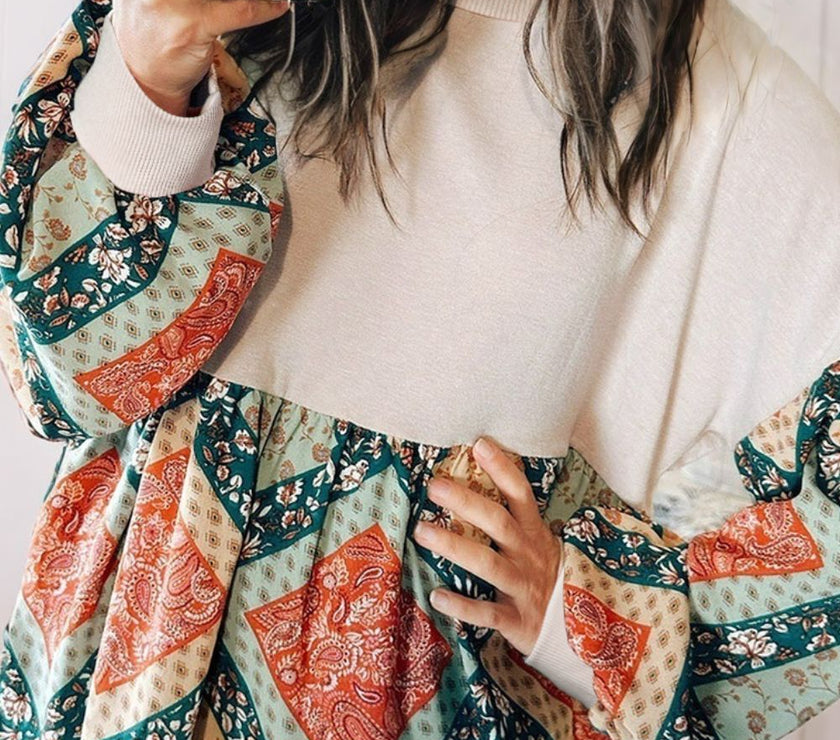 Printed Round Neck Long Sleeve Blouse