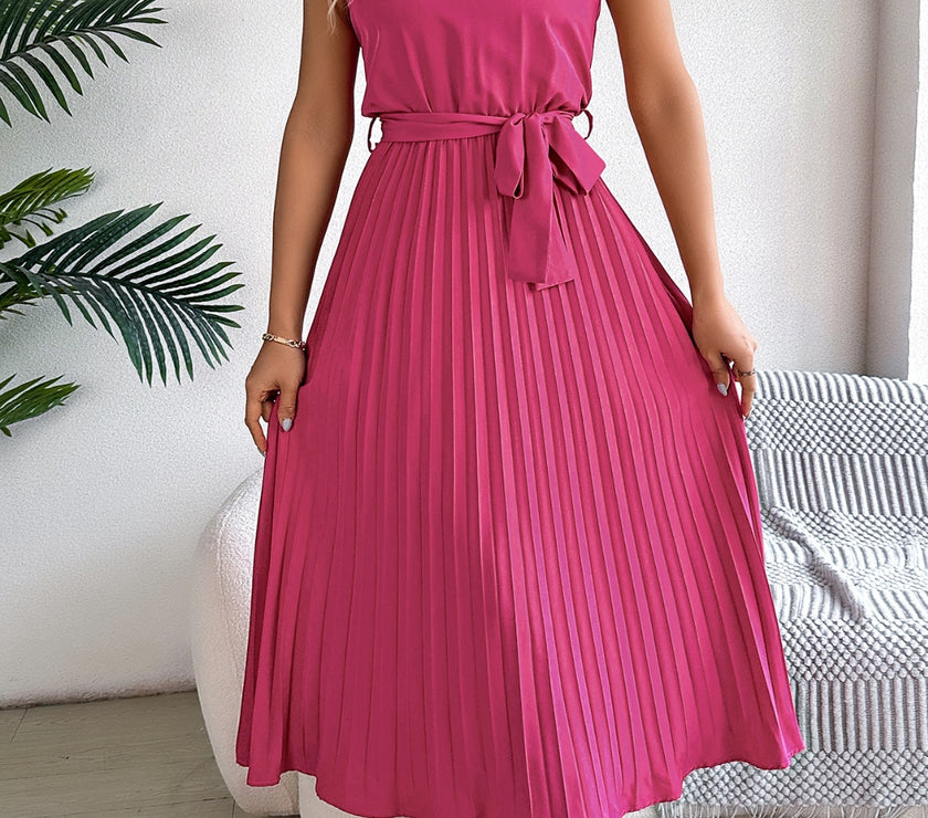 Pleated Tie Waist Sleeveless Midi Dress