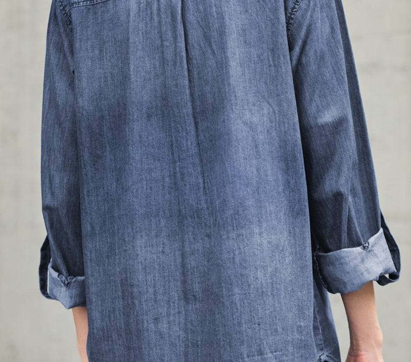 Pocketed Collared Neck Long Sleeve Denim Top