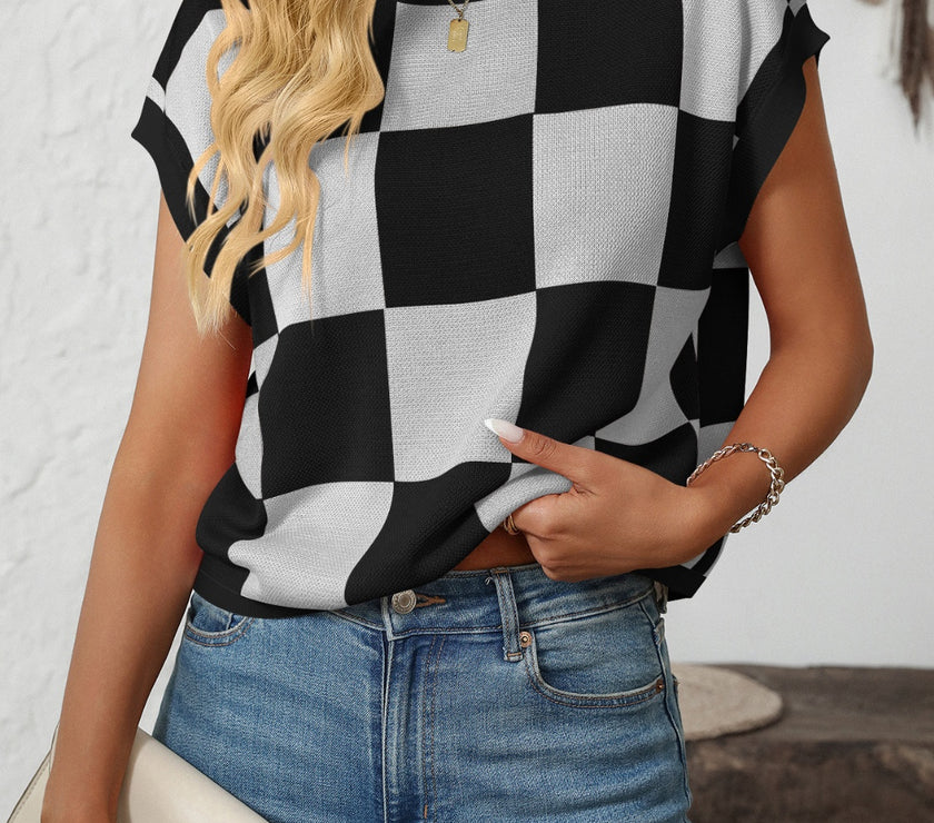 Mandy Checkered Round Neck Cap Sleeve Knit Top