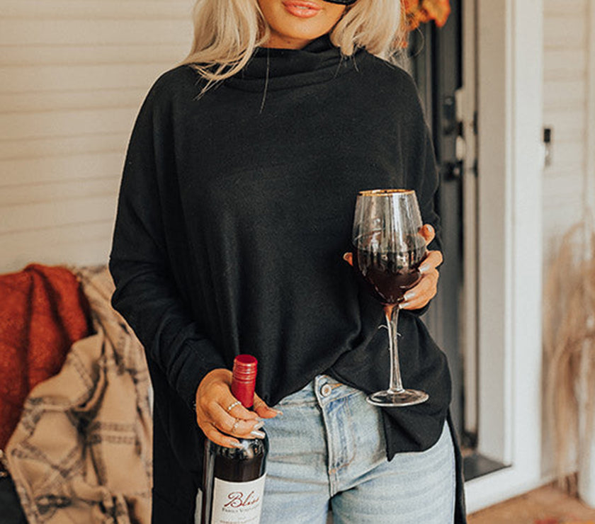 Side Slit High-Low Cowl Neck Long Sleeve Blouse