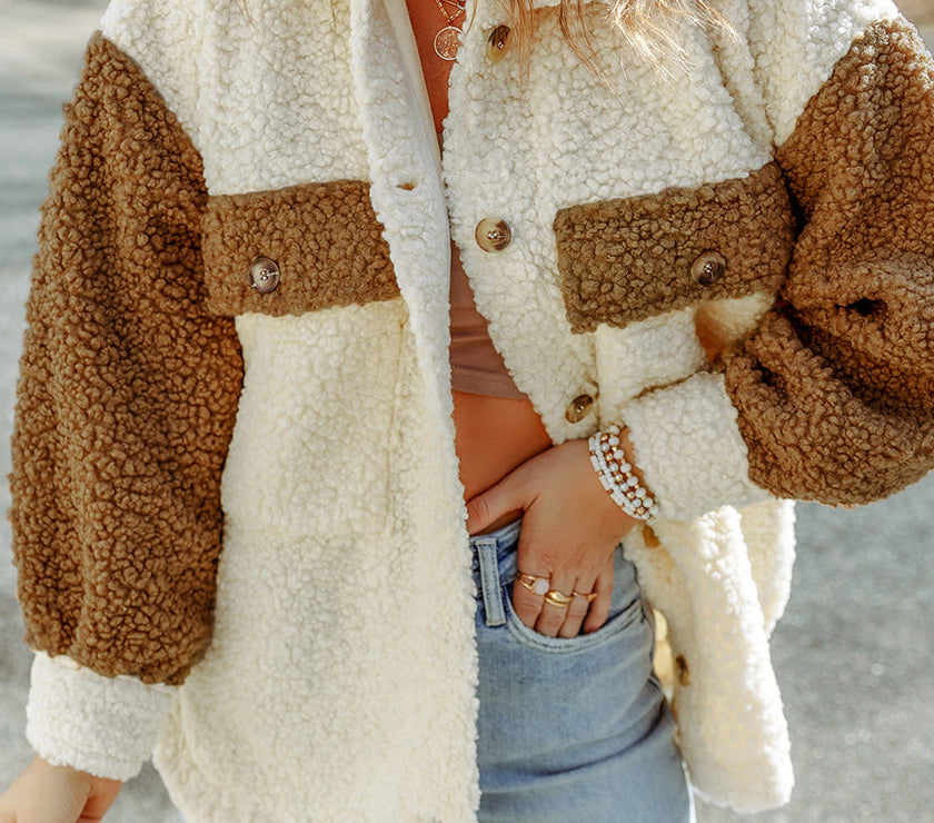 Color Block Collared Neck Sherpa Jacket