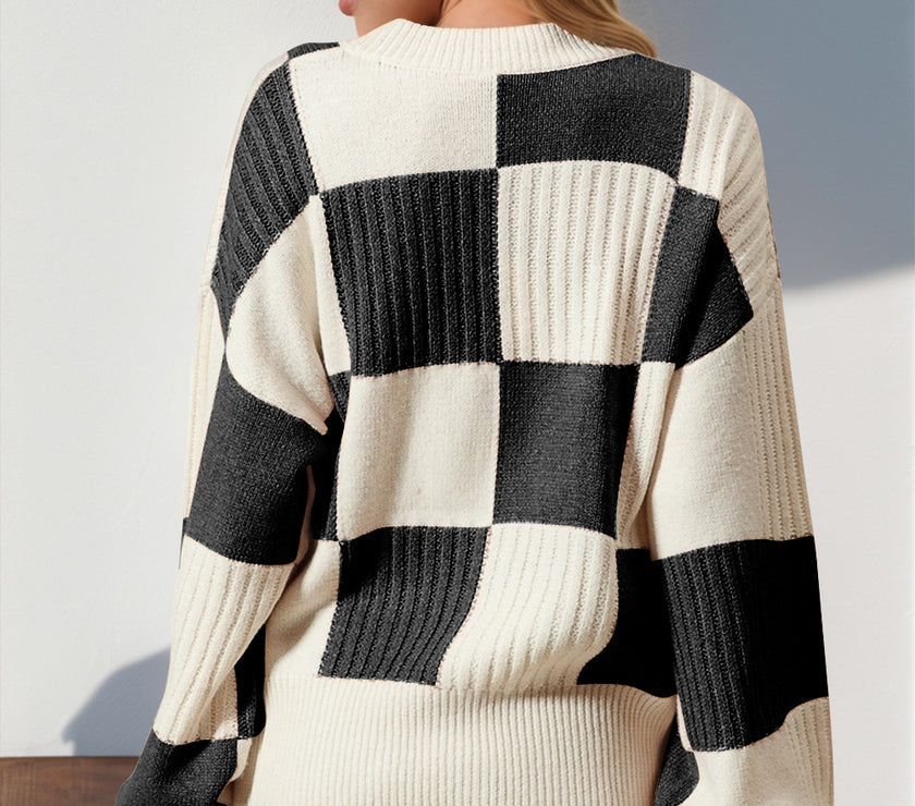 Double Take Full Size Checkered Dropped Shoulder Cardigan