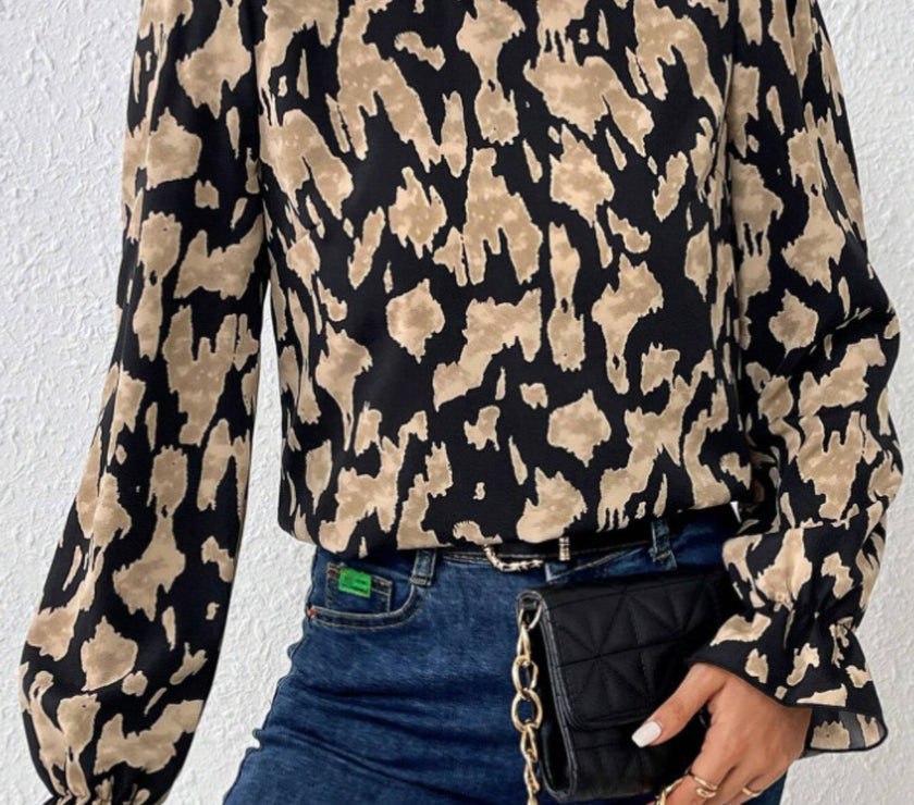 Frill Leopard Mock Neck Flounce Sleeve Blouse