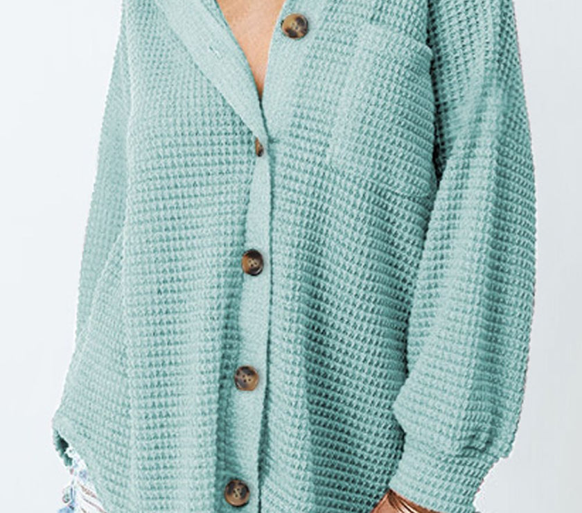 Waffle-Knit Collared Neck Long Sleeve Shirt