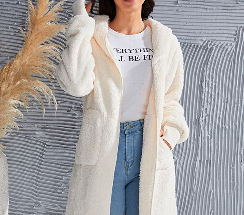 Double Take Full Size Hooded Teddy Bear Jacket with Thumbholes