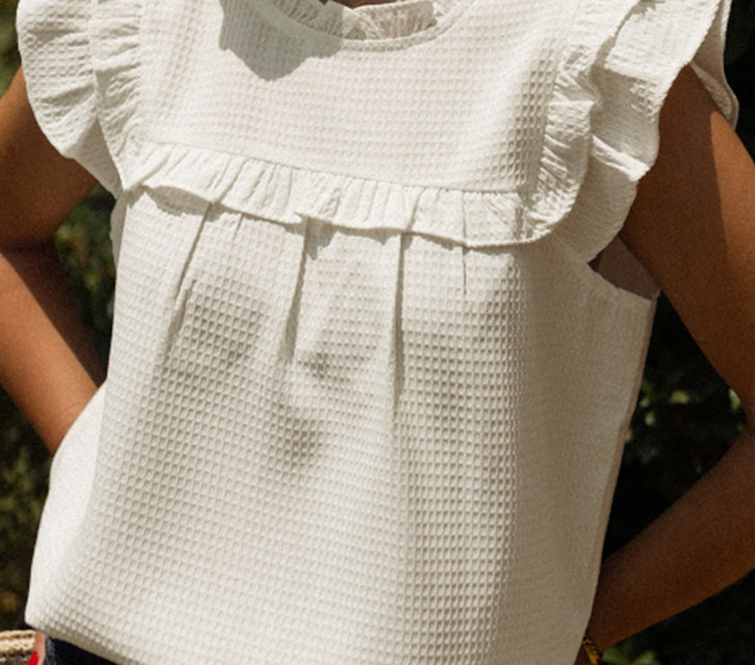 White Solid Color Ruffle Trim Waffle Knit Blouse