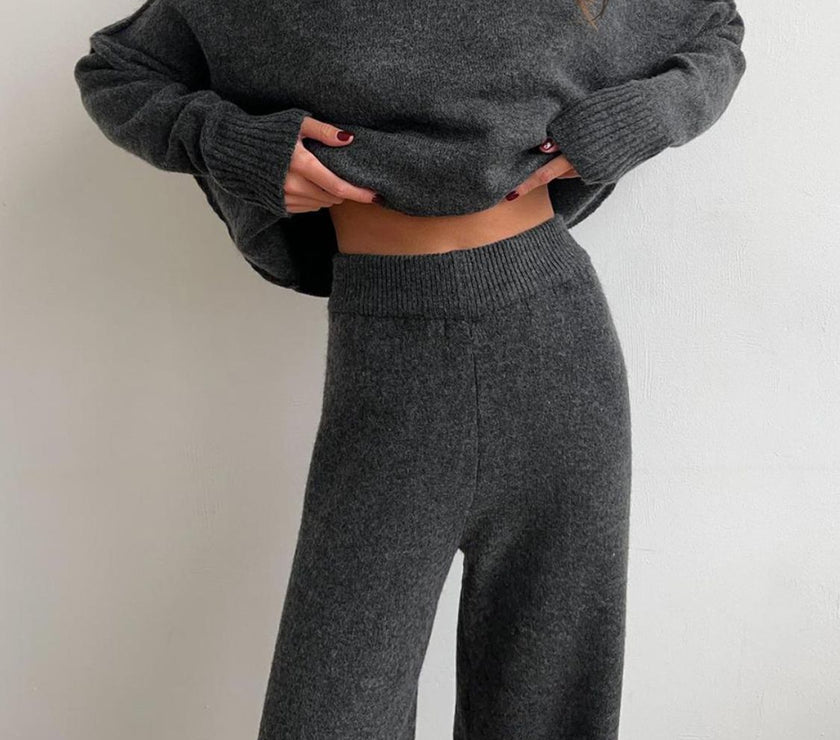 Slit Turtleneck Long Sleeve Top and Pants Sweater Set