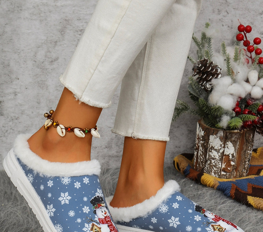 Snowman Print Flat Slippers with Faux Fur