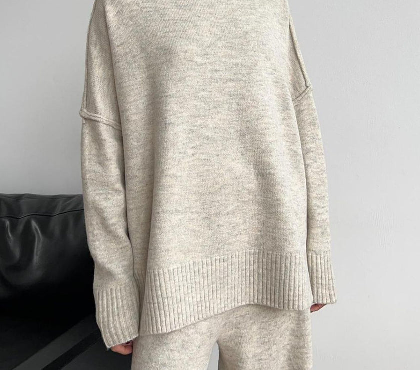 Slit Turtleneck Long Sleeve Top and Pants Sweater Set