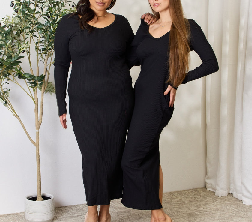 Culture Code Full Size Ribbed Long Sleeve Midi Slit Dress