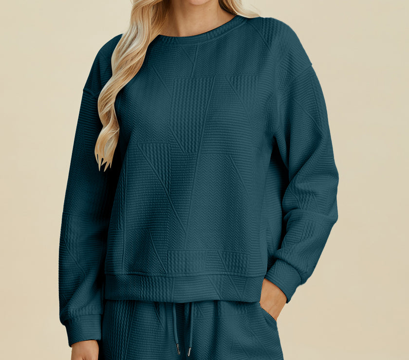 Double Take Full Size Texture Round Neck Long Sleeve Top and Shorts Set
