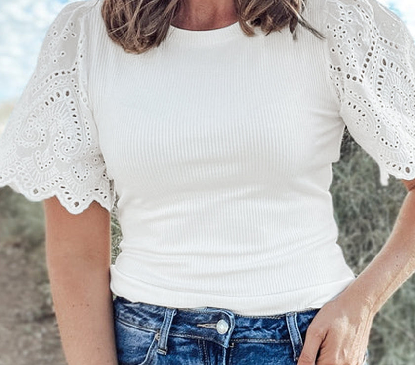 White Eyelet Pattern Short Sleeve Patchwork Ribbed Top