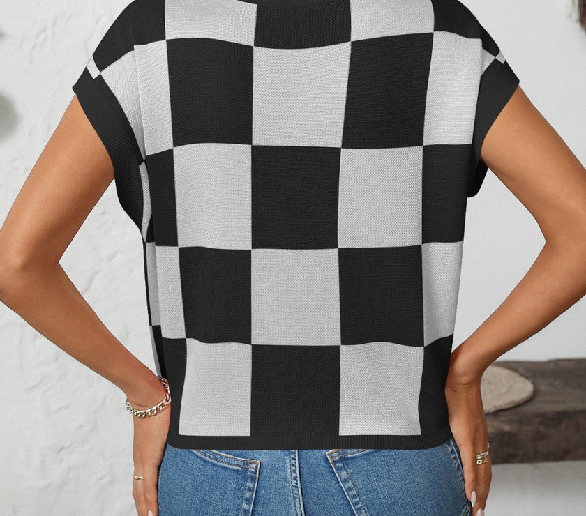 Mandy Checkered Round Neck Cap Sleeve Knit Top