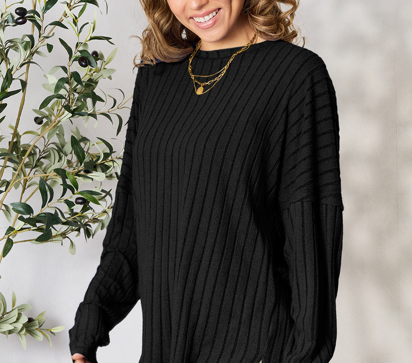 Basic Bae Full Size Ribbed Round Neck Slit Knit Top