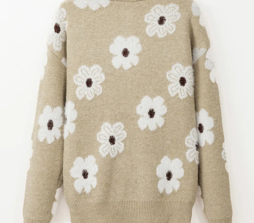 Flower Half Zip Long Sleeve Sweater
