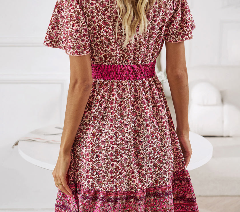 Devine Floral Smocked Waist Short Sleeve Mini Dress