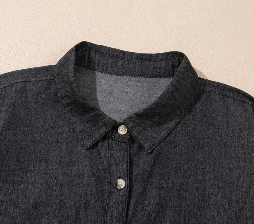 Pocketed Collared Neck Long Sleeve Denim Top