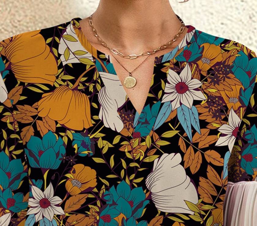 FAM-FAM Printed Notched Long Sleeve Blouse