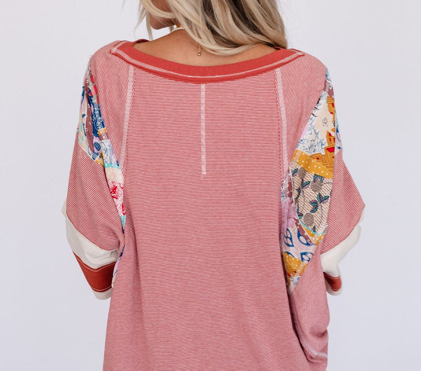 Striped Floral Patchwork Round Neck Top