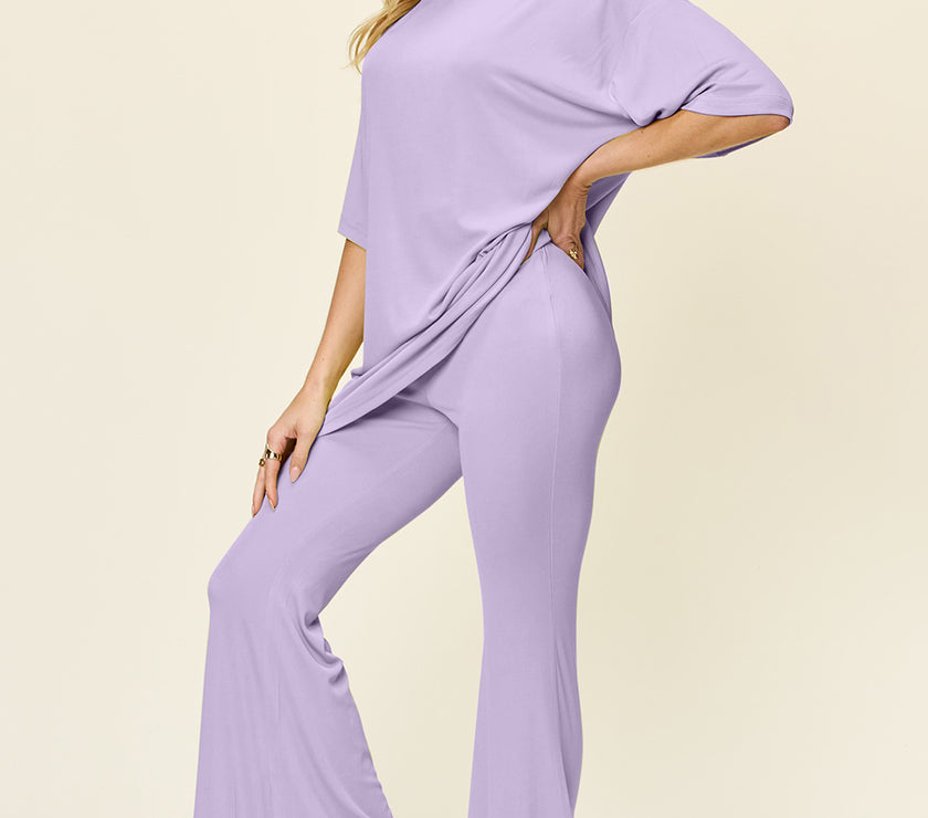 Double Take Full Size Round Neck Drop Shoulder T-Shirt and Flare Pants Set