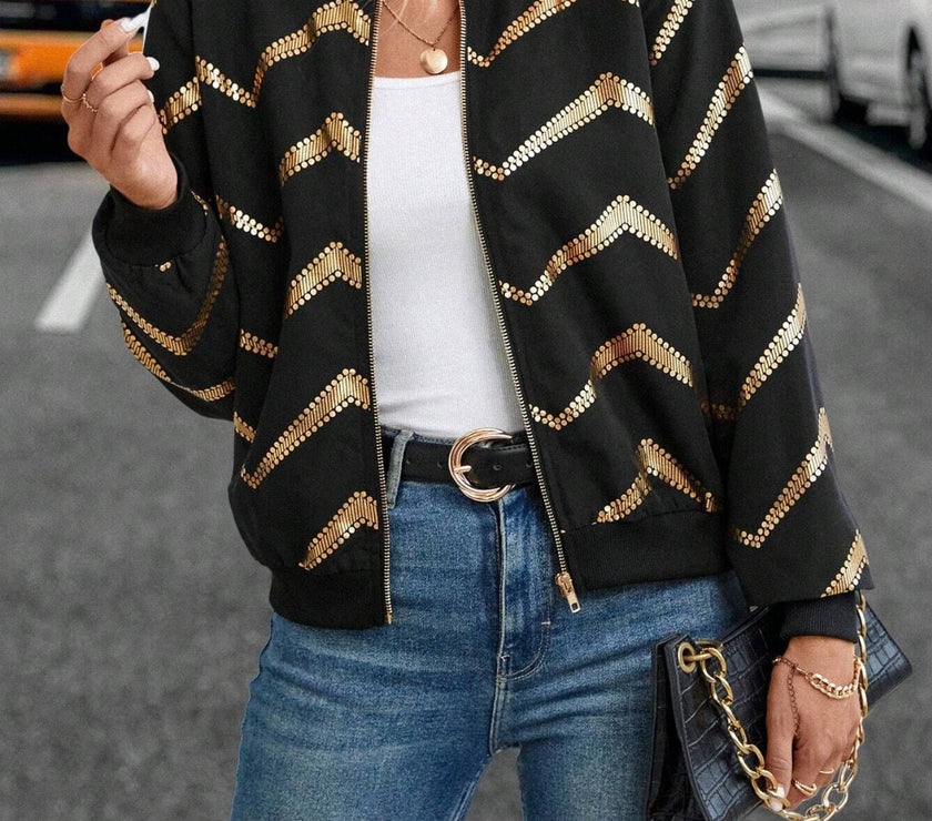 Printed Baseball Collar Zip Up Jacket