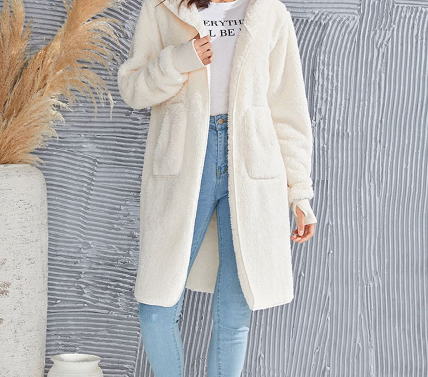 Double Take Full Size Hooded Teddy Bear Jacket with Thumbholes