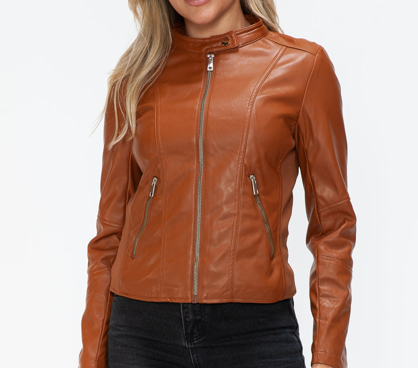 Snobbish Faux Leather Zip Up Drawstring Hooded Jacket