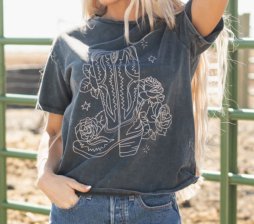 High-Rise Western Cowboy Boots Graphic Tee