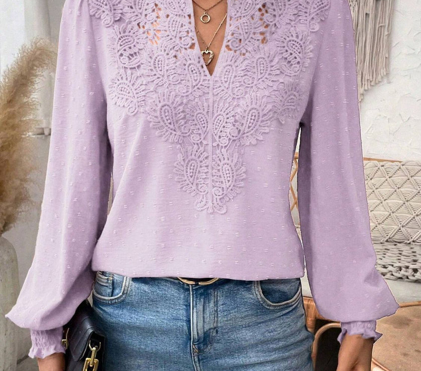 Swiss Dot Lace Detail Notched Long Sleeve Blouse
