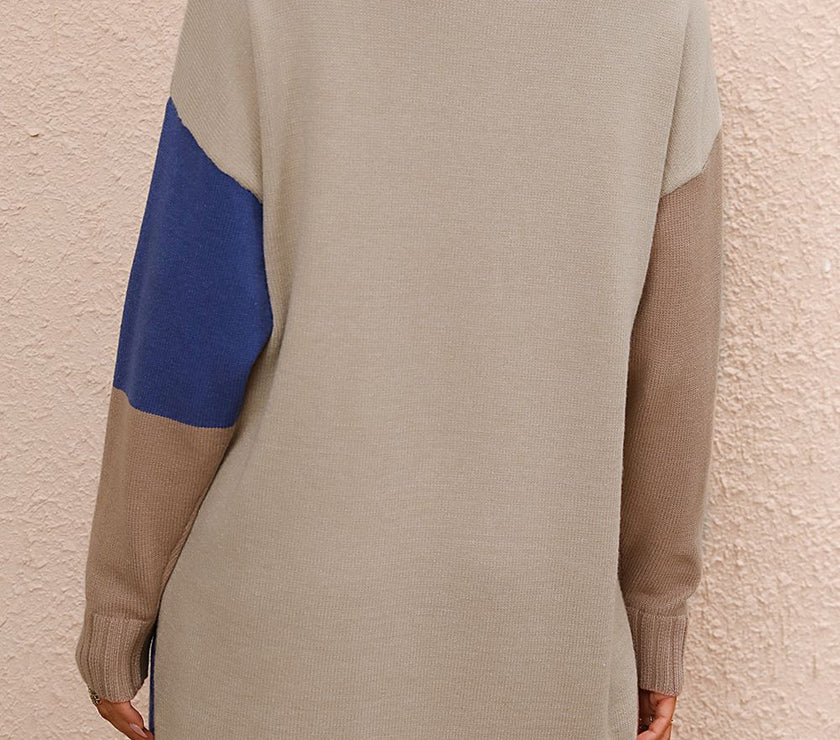 Color Block Mock Neck Dropped Shoulder Sweater Dress