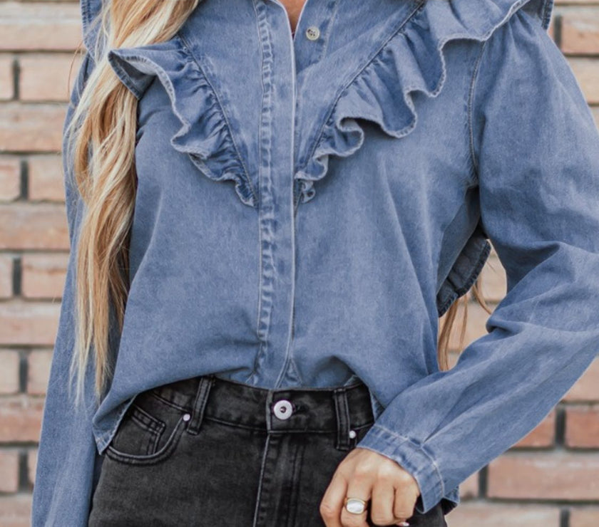Ruffled Collared Neck Long Sleeve Denim Top
