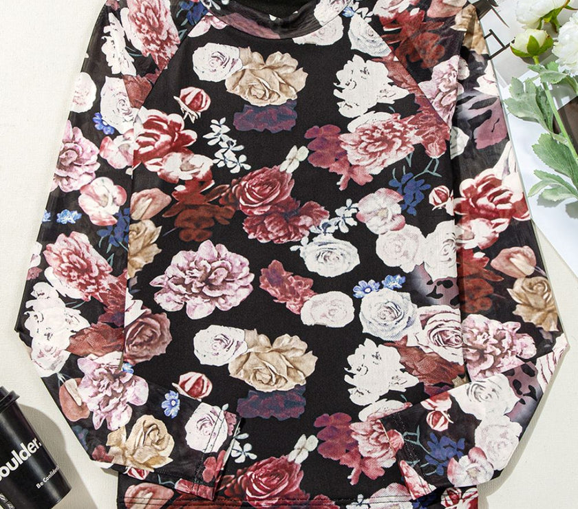 Floral Mock Neck Long Sleeve Mesh Top
