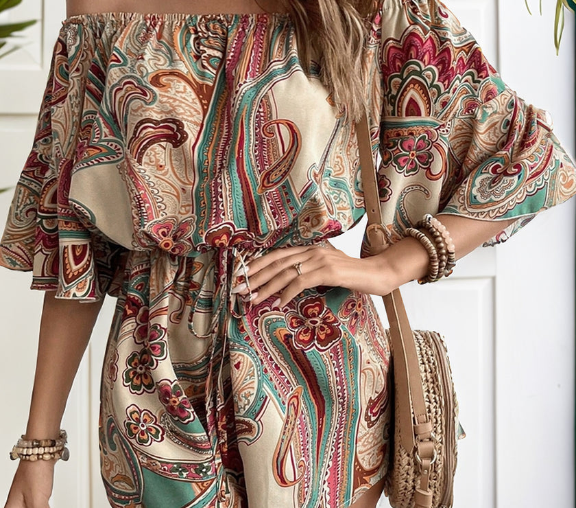 Perfee Printed Off Shoulder Half Sleeve Romper