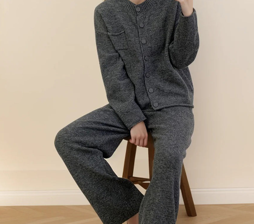 Pocketed Round Neck Button Up Cardigan and Pants Sweater Set