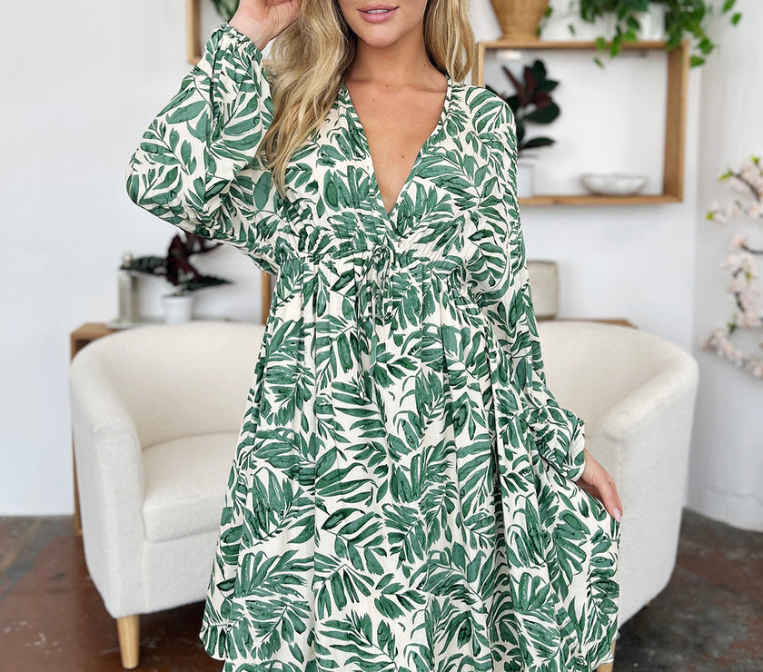 Double Take Full Size Printed Ruched Balloon Sleeve Dress