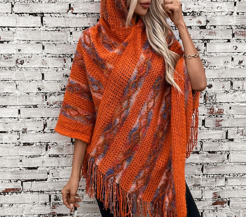 Fringe Contrast Hooded Poncho