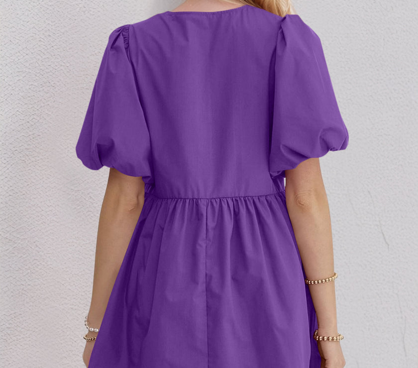 Oh Bow Ruched Puff Sleeve Mini Dress