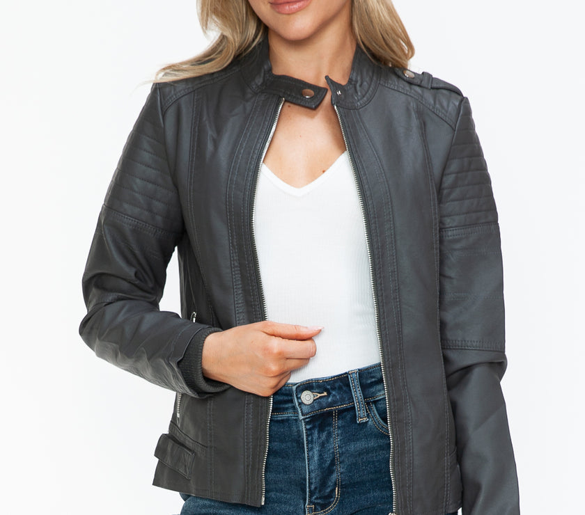 Snobbish PU Leather Biker Jacket with Side Zip Pockets